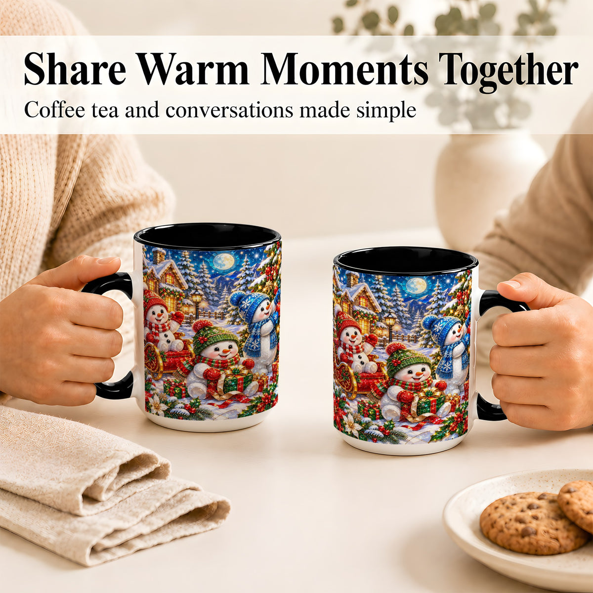 #pl[15oz|Black] Snowman Family Coffee Mug, Christmas Snowman Mug, Ceramic Cup