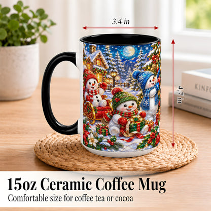 #pl[15oz|Black] Snowman Family Coffee Mug, Christmas Snowman Mug, Ceramic Cup
