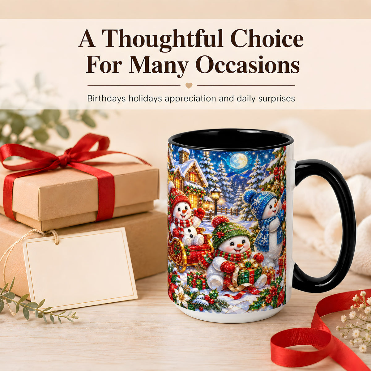 #pl[15oz|Black] Snowman Family Coffee Mug, Christmas Snowman Mug, Ceramic Cup