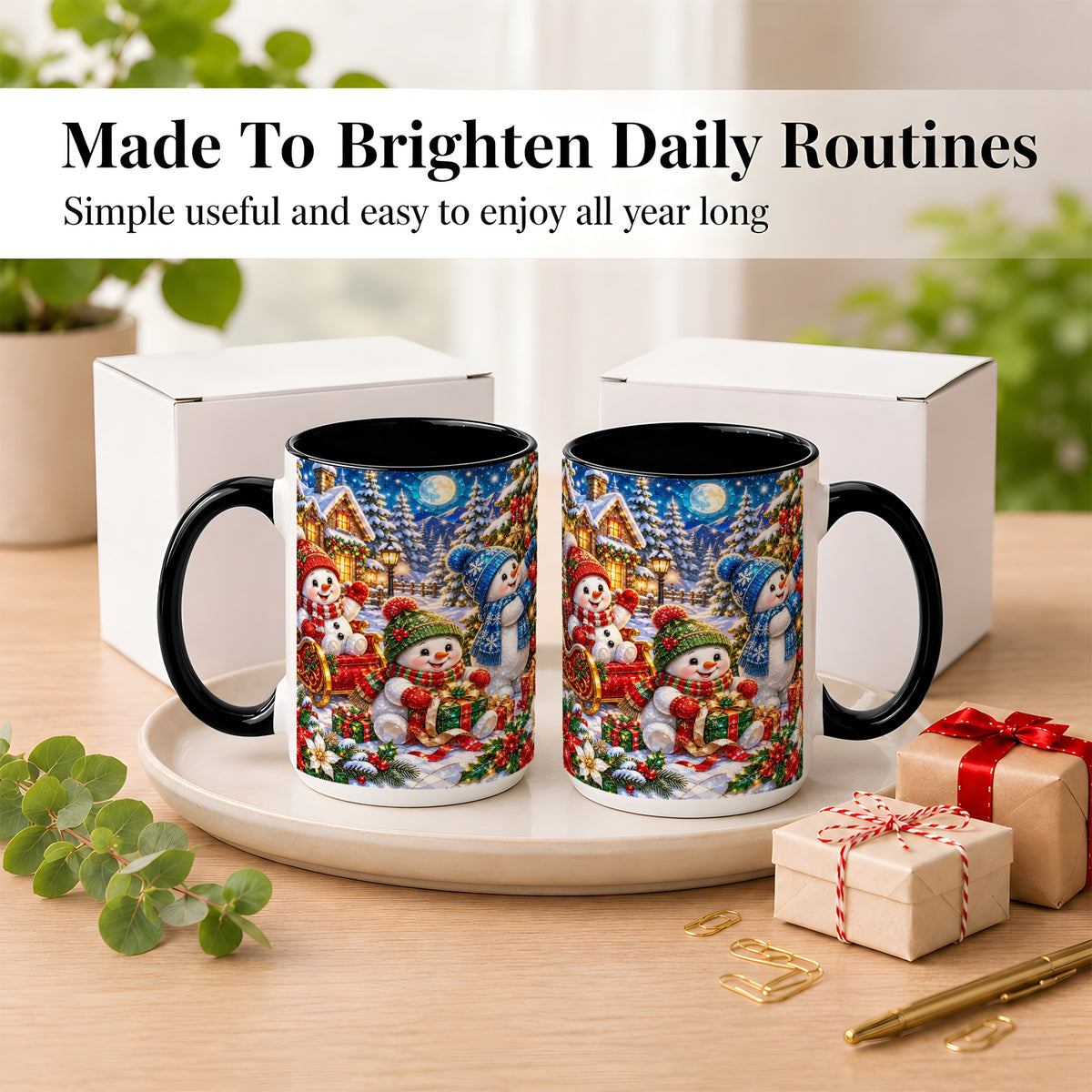 #pl[15oz|Black] Snowman Family Coffee Mug, Christmas Snowman Mug, Ceramic Cup