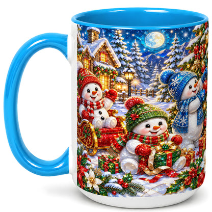 #pl[15oz|Blue] Snowman Family Coffee Mug, Christmas Snowman Mug, Ceramic Cup