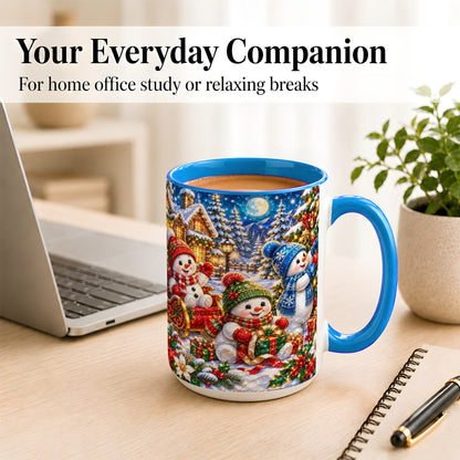 #pl[15oz|Blue] Snowman Family Coffee Mug, Christmas Snowman Mug, Ceramic Cup