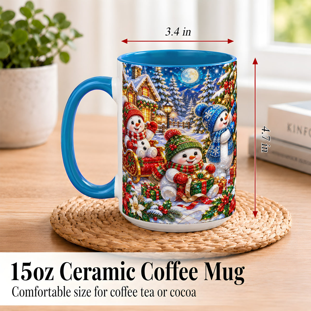 #pl[15oz|Blue] Snowman Family Coffee Mug, Christmas Snowman Mug, Ceramic Cup