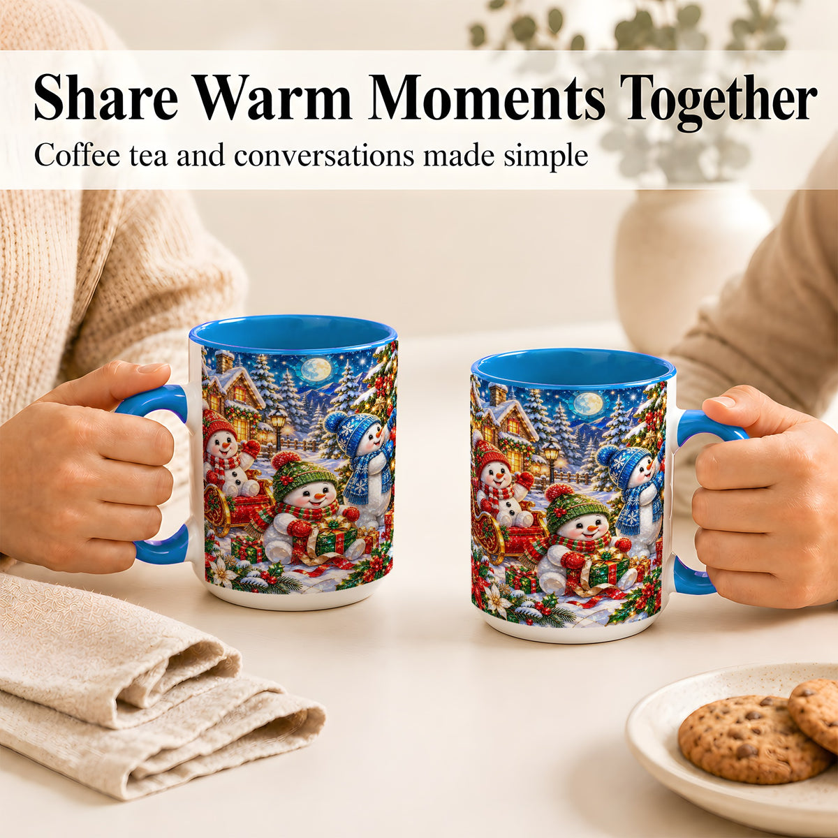 #pl[15oz|Blue] Snowman Family Coffee Mug, Christmas Snowman Mug, Ceramic Cup