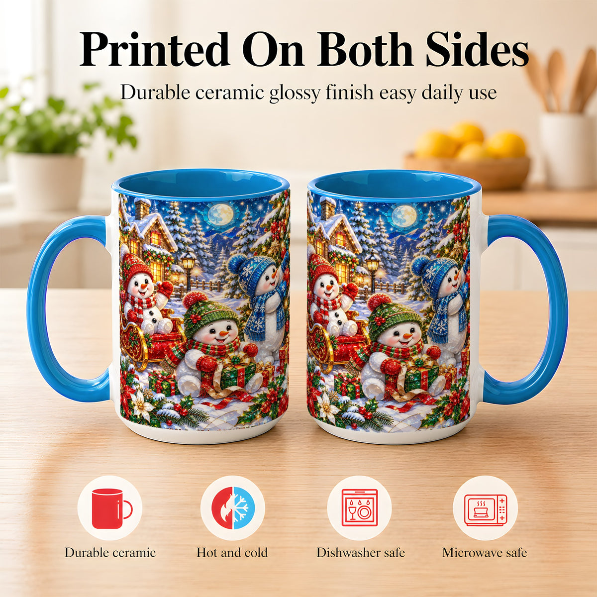 #pl[15oz|Blue] Snowman Family Coffee Mug, Christmas Snowman Mug, Ceramic Cup