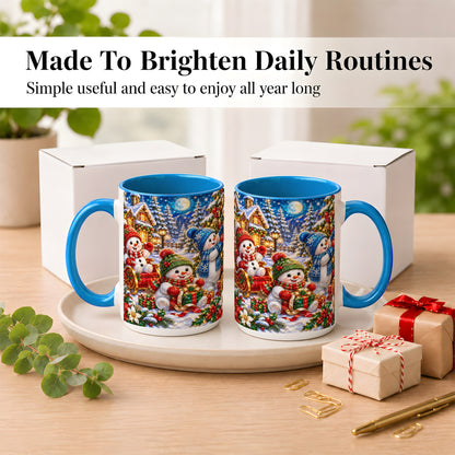 #pl[15oz|Blue] Snowman Family Coffee Mug, Christmas Snowman Mug, Ceramic Cup