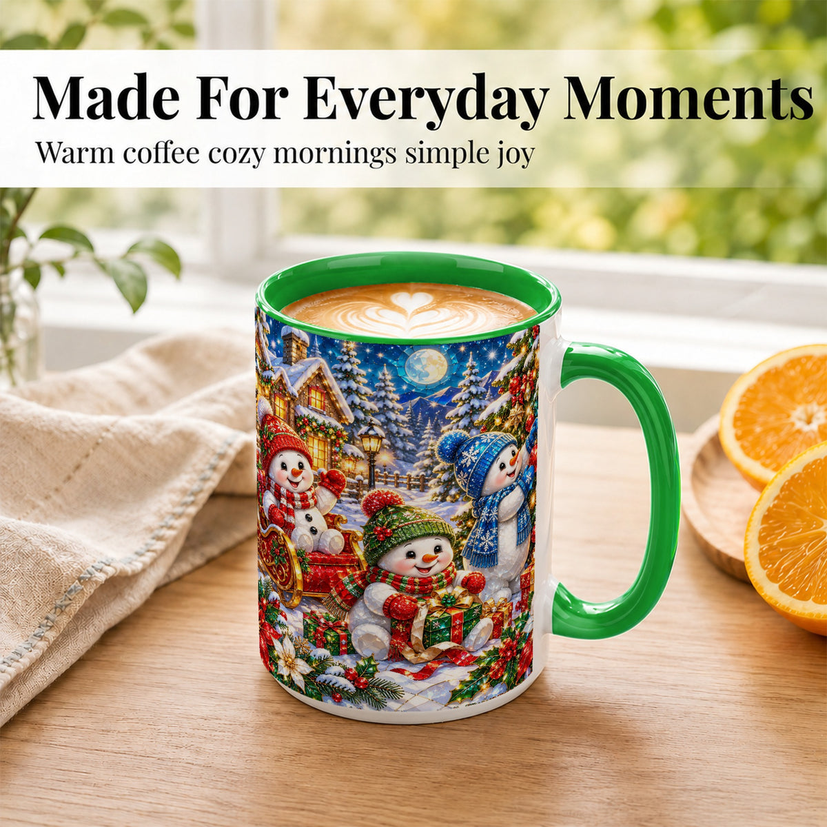 #pl[15oz|Green] Snowman Family Coffee Mug, Christmas Snowman Mug, Ceramic Cup