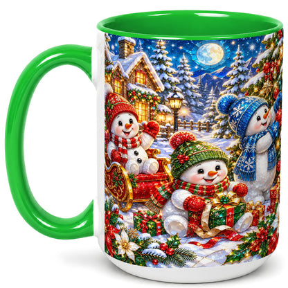 #pl[15oz|Green] Snowman Family Coffee Mug, Christmas Snowman Mug, Ceramic Cup