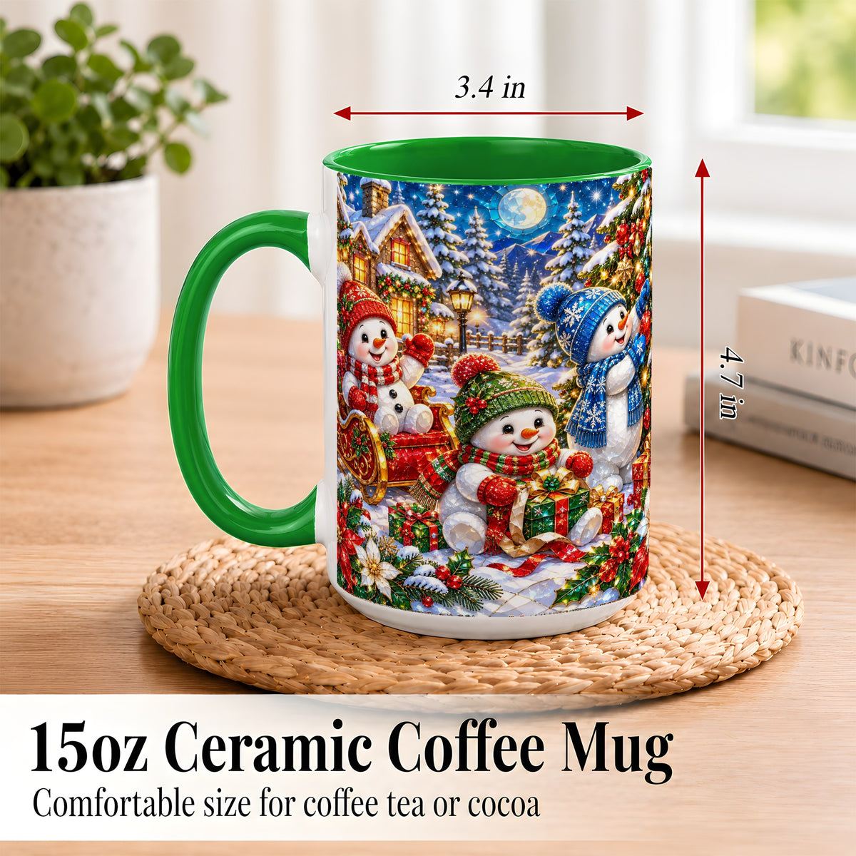 #pl[15oz|Green] Snowman Family Coffee Mug, Christmas Snowman Mug, Ceramic Cup