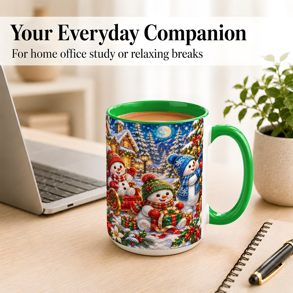 #pl[15oz|Green] Snowman Family Coffee Mug, Christmas Snowman Mug, Ceramic Cup