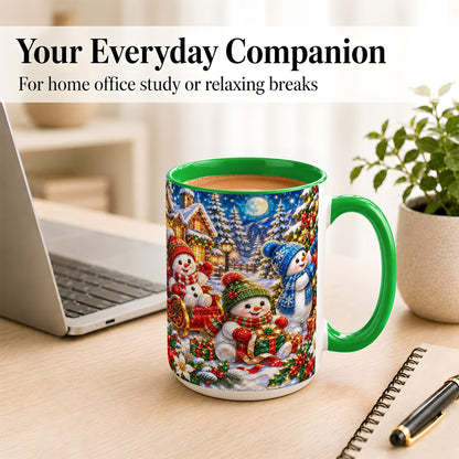 #pl[15oz|Green] Snowman Family Coffee Mug, Christmas Snowman Mug, Ceramic Cup