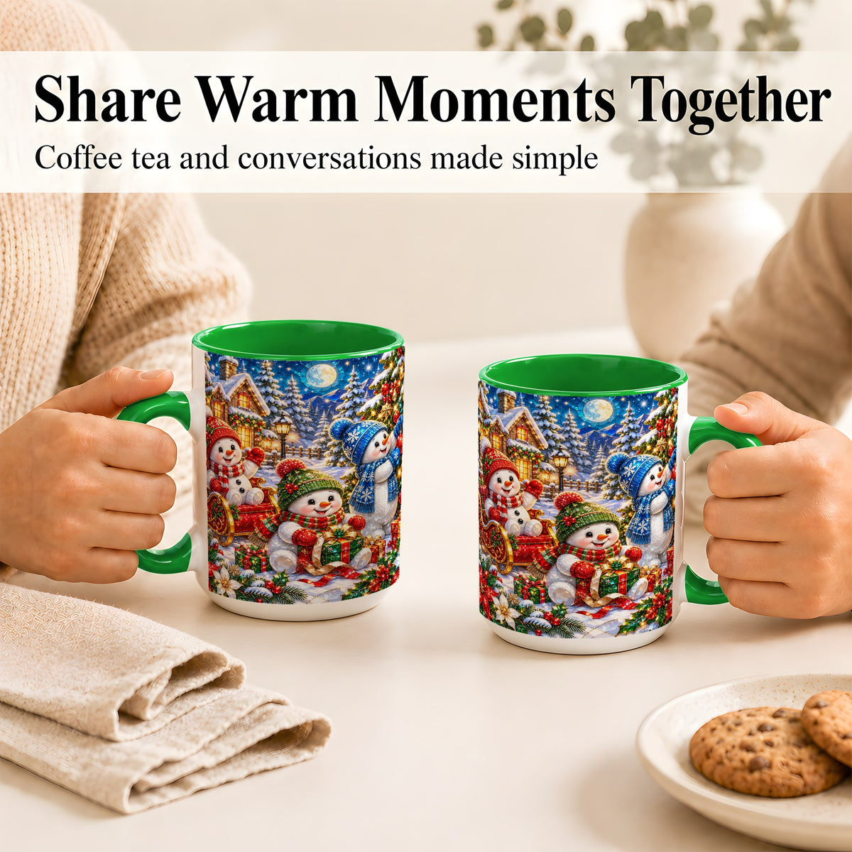 #pl[15oz|Green] Snowman Family Coffee Mug, Christmas Snowman Mug, Ceramic Cup
