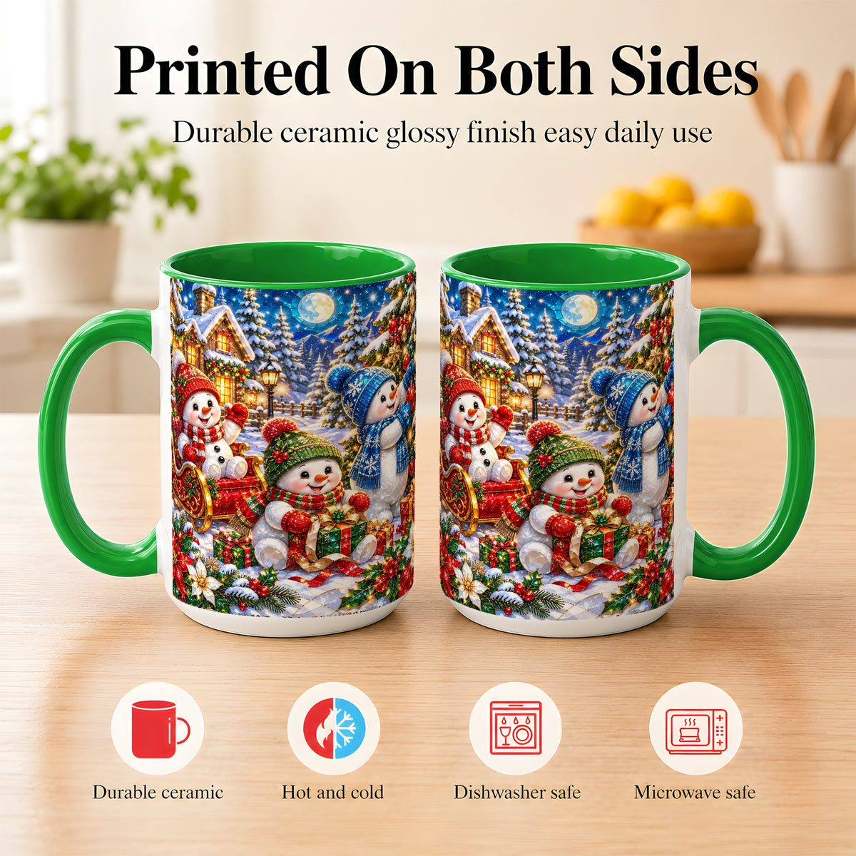 #pl[15oz|Green] Snowman Family Coffee Mug, Christmas Snowman Mug, Ceramic Cup