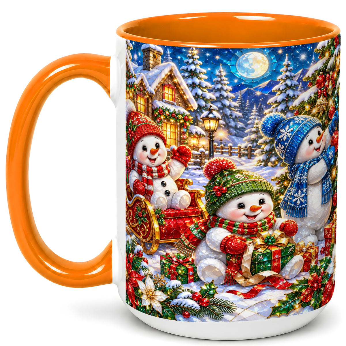 #pl[15oz|Orange] Snowman Family Coffee Mug, Christmas Snowman Mug, Ceramic Cup