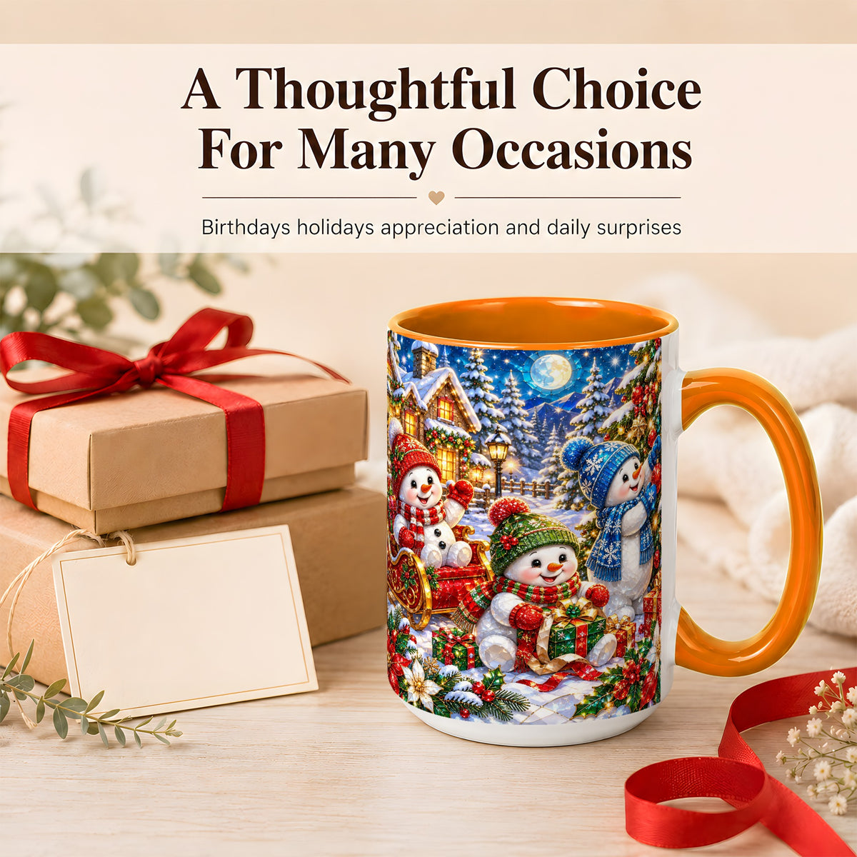 #pl[15oz|Orange] Snowman Family Coffee Mug, Christmas Snowman Mug, Ceramic Cup