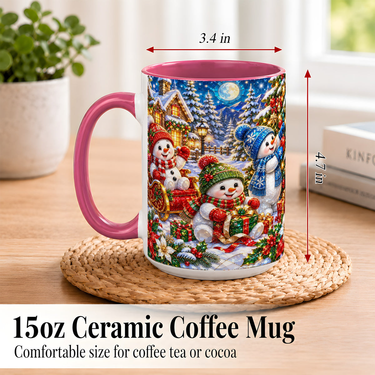 #pl[15oz|Pink] Snowman Family Coffee Mug, Christmas Snowman Mug, Ceramic Cup