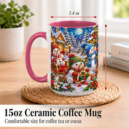 #pl[15oz|Pink] Snowman Family Coffee Mug, Christmas Snowman Mug, Ceramic Cup