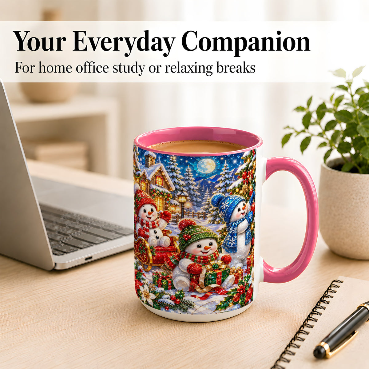 #pl[15oz|Pink] Snowman Family Coffee Mug, Christmas Snowman Mug, Ceramic Cup