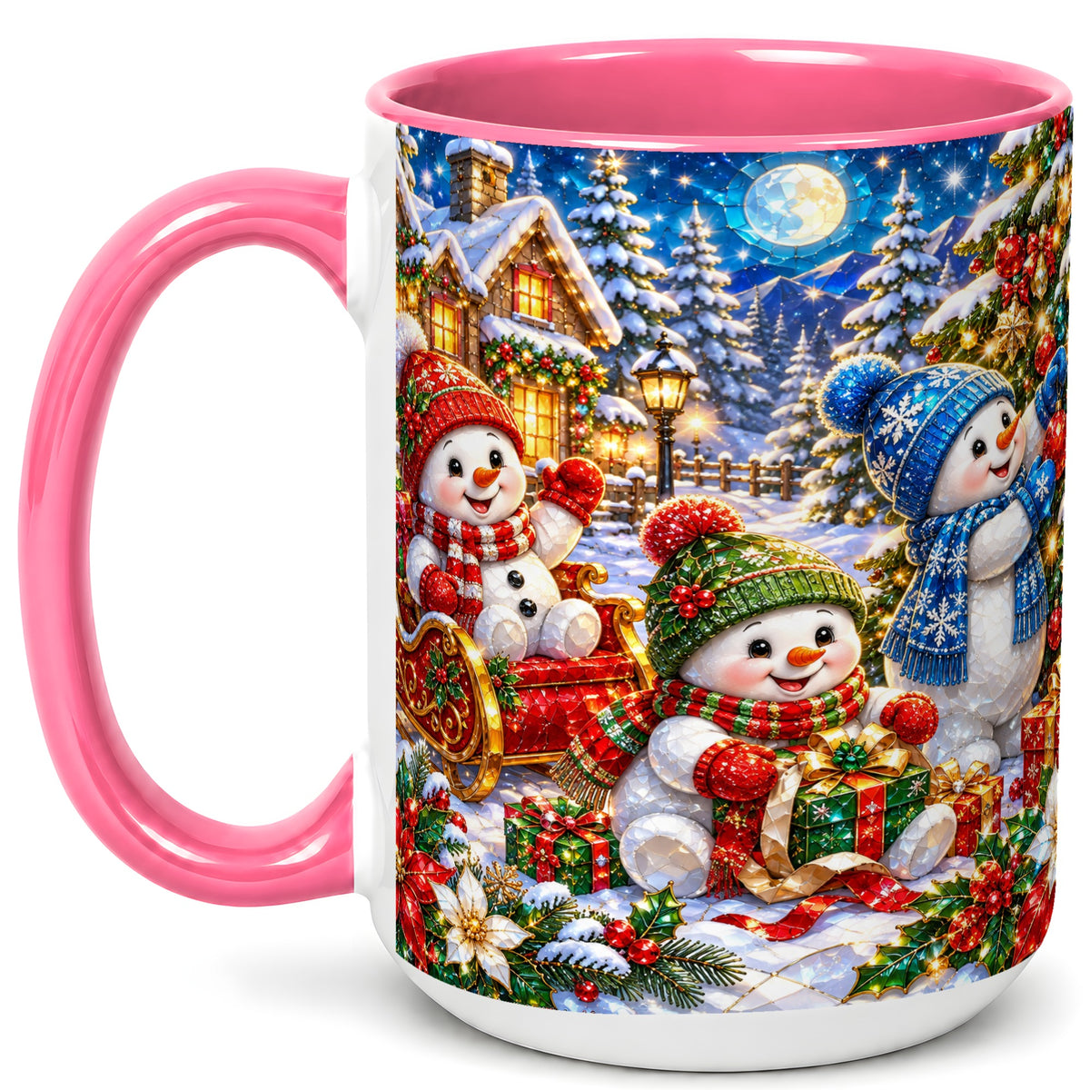 #pl[15oz|Pink] Snowman Family Coffee Mug, Christmas Snowman Mug, Ceramic Cup