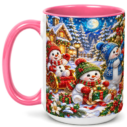 #pl[15oz|Pink] Snowman Family Coffee Mug, Christmas Snowman Mug, Ceramic Cup