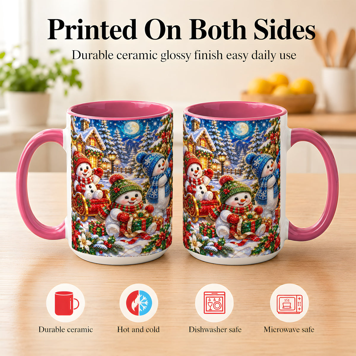 #pl[15oz|Pink] Snowman Family Coffee Mug, Christmas Snowman Mug, Ceramic Cup
