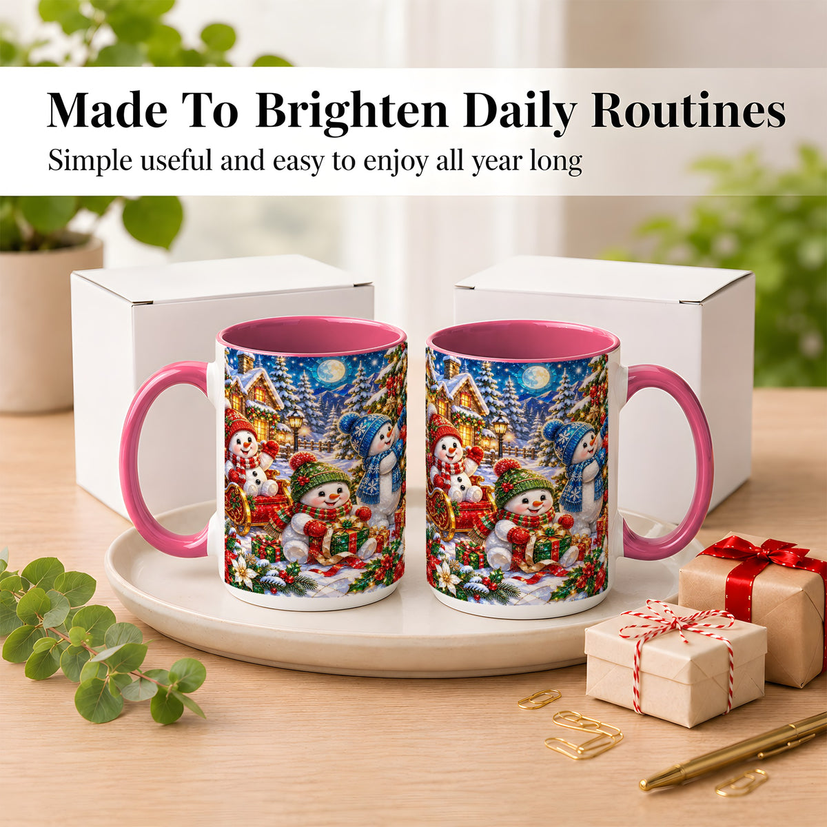 #pl[15oz|Pink] Snowman Family Coffee Mug, Christmas Snowman Mug, Ceramic Cup