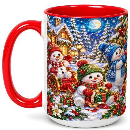 #pl[15oz|Red] Snowman Family Coffee Mug, Christmas Snowman Mug, Ceramic Cup