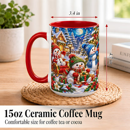 #pl[15oz|Red] Snowman Family Coffee Mug, Christmas Snowman Mug, Ceramic Cup