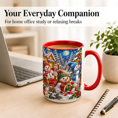#pl[15oz|Red] Snowman Family Coffee Mug, Christmas Snowman Mug, Ceramic Cup