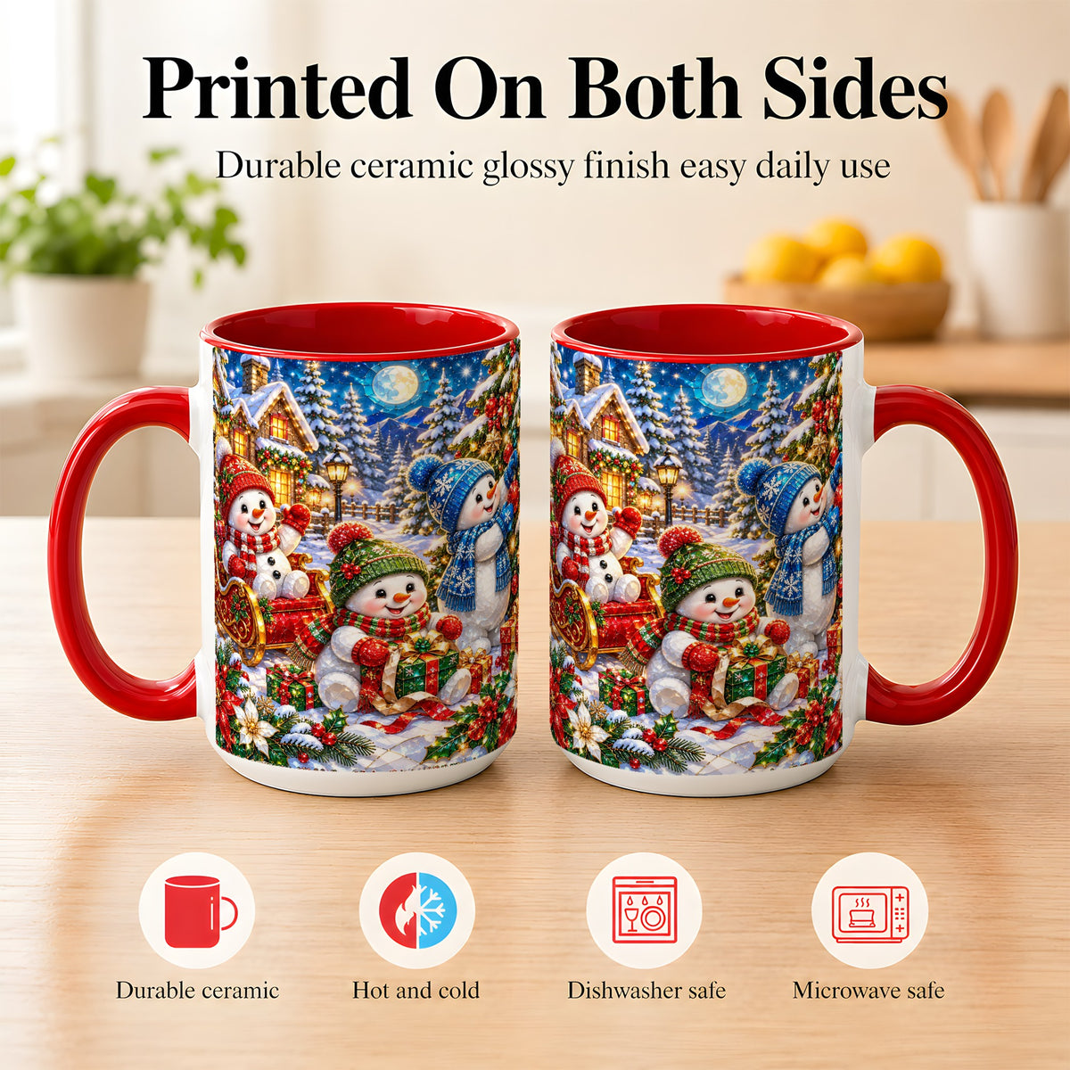 #pl[15oz|Red] Snowman Family Coffee Mug, Christmas Snowman Mug, Ceramic Cup