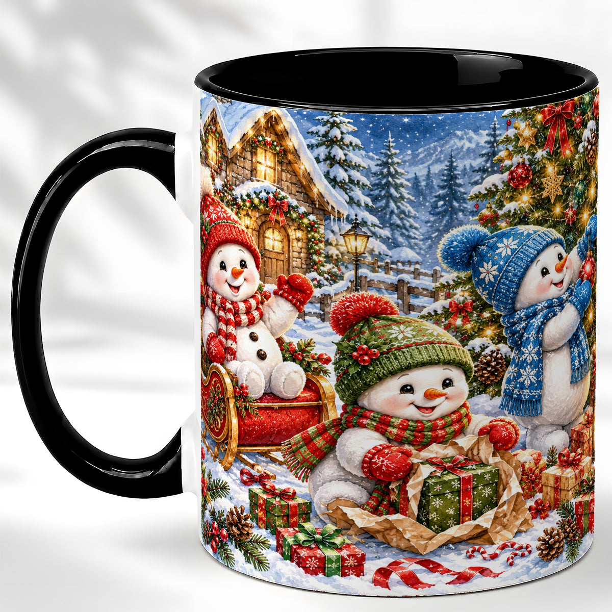 #pl[11oz|Black] Snowman Trio Coffee Mug, Christmas Snowman Mug, Ceramic Cup