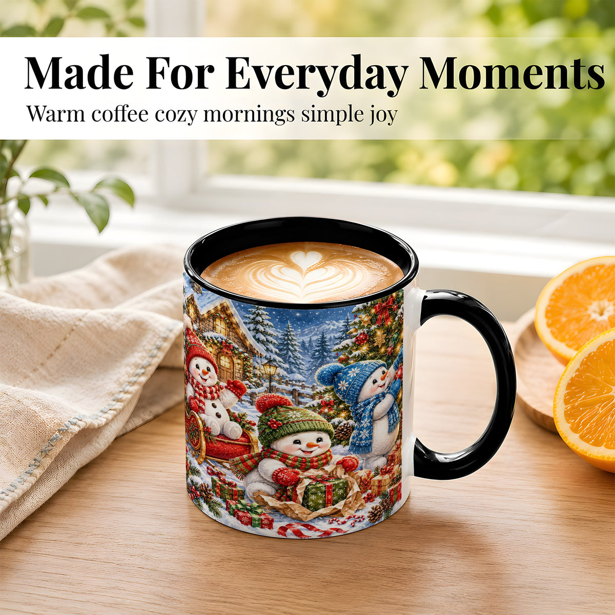 #pl[11oz|Black] Snowman Trio Coffee Mug, Christmas Snowman Mug, Ceramic Cup