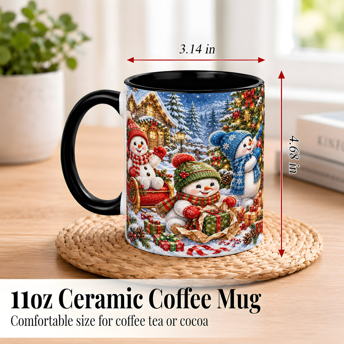 #pl[11oz|Black] Snowman Trio Coffee Mug, Christmas Snowman Mug, Ceramic Cup