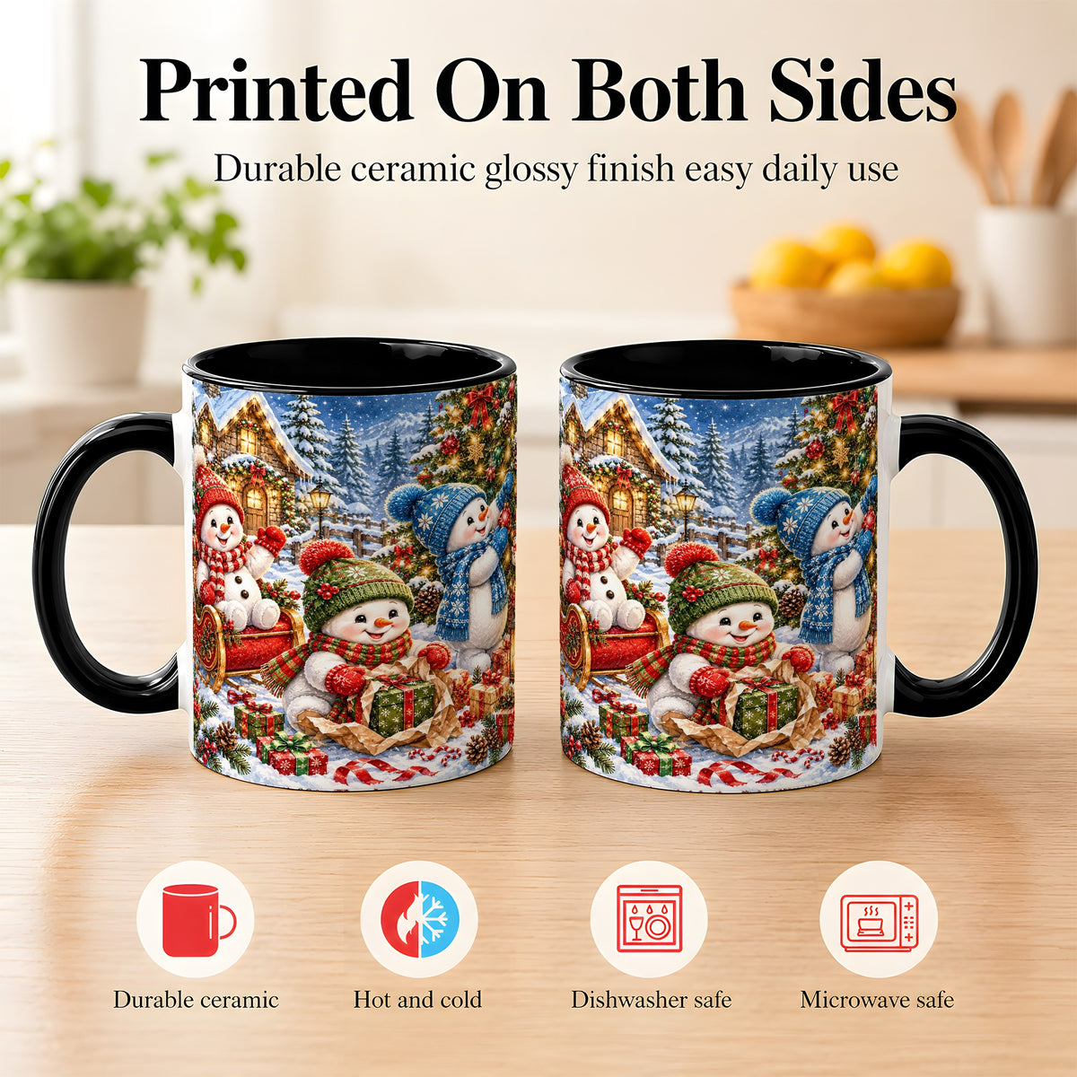 #pl[11oz|Black] Snowman Trio Coffee Mug, Christmas Snowman Mug, Ceramic Cup