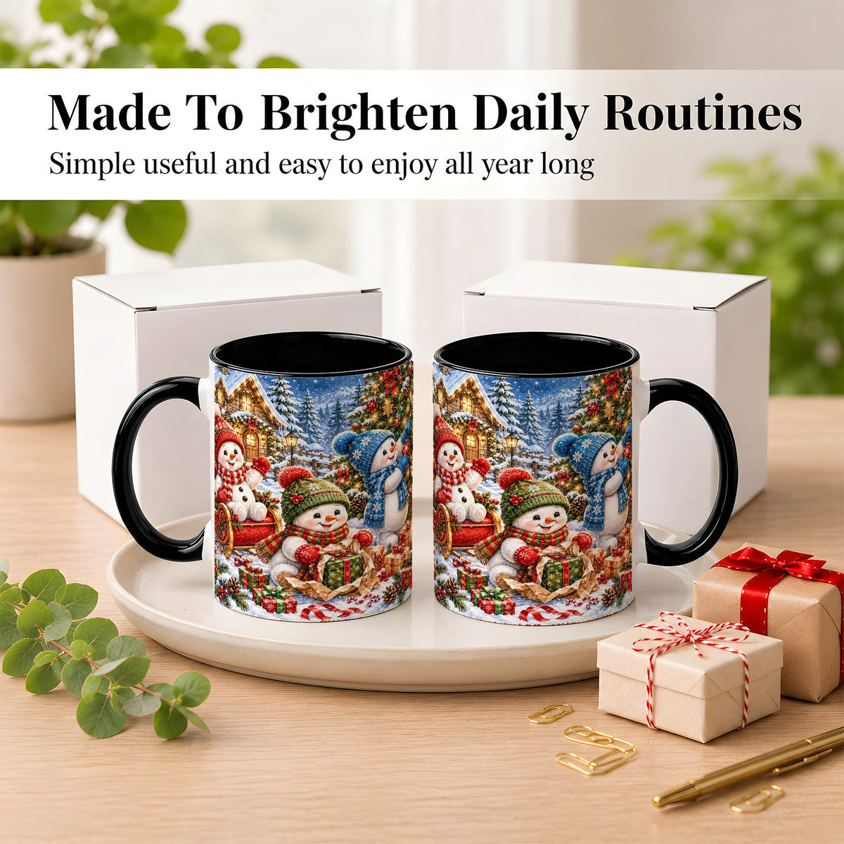 #pl[11oz|Black] Snowman Trio Coffee Mug, Christmas Snowman Mug, Ceramic Cup