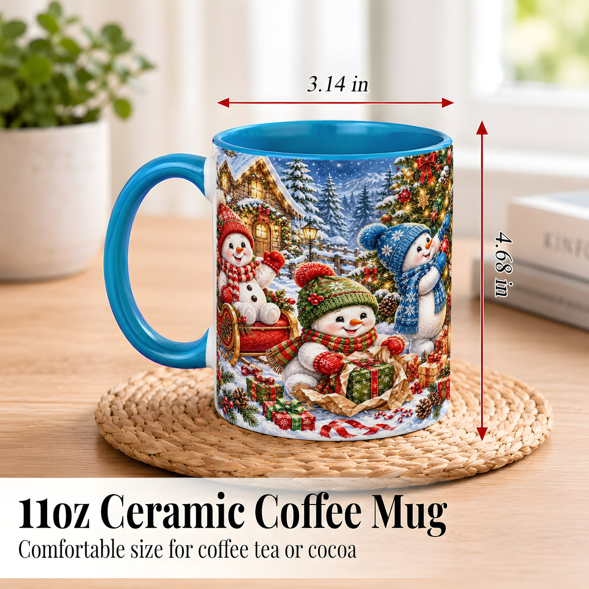 #pl[11oz|Blue] Snowman Trio Coffee Mug, Christmas Snowman Mug, Ceramic Cup