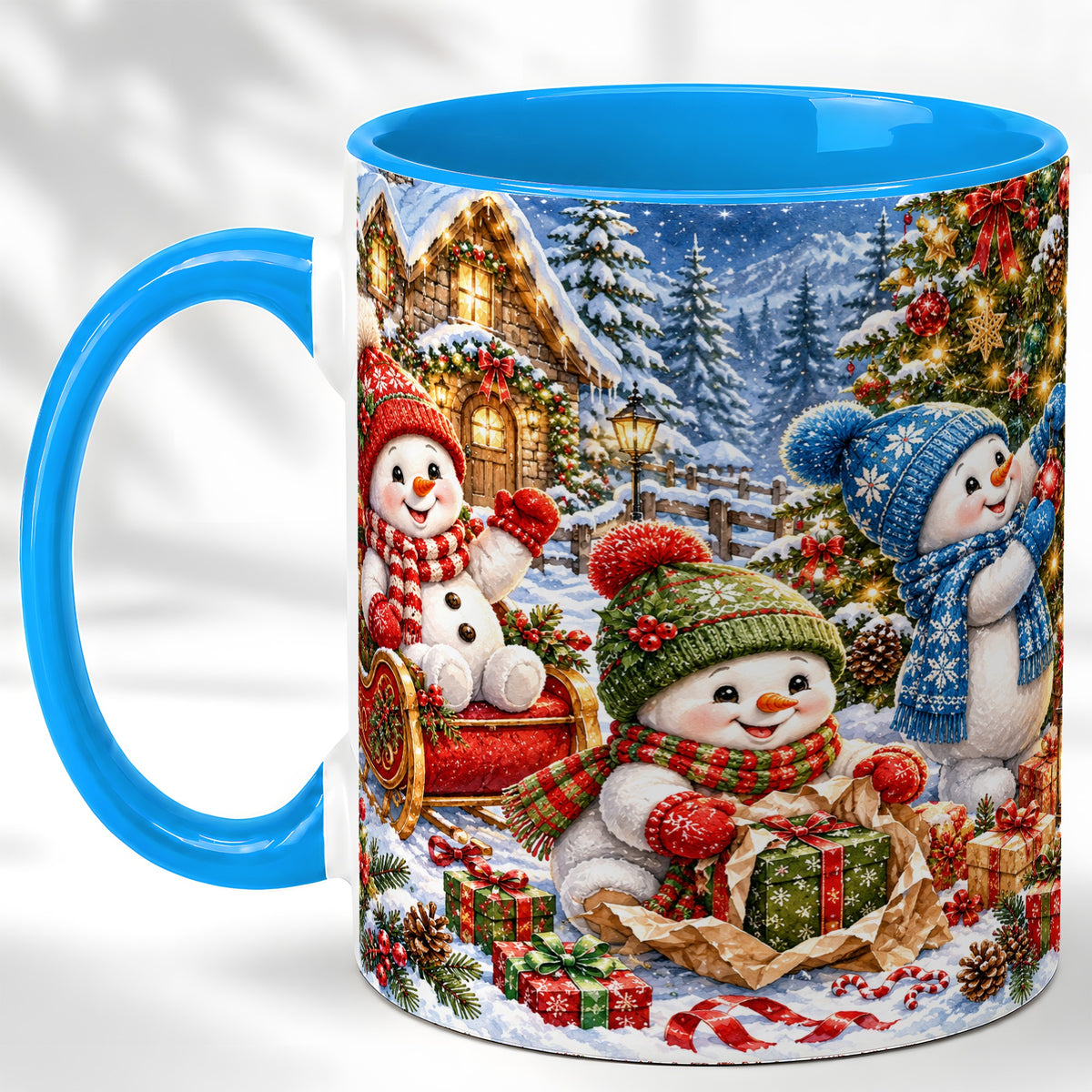 #pl[11oz|Blue] Snowman Trio Coffee Mug, Christmas Snowman Mug, Ceramic Cup