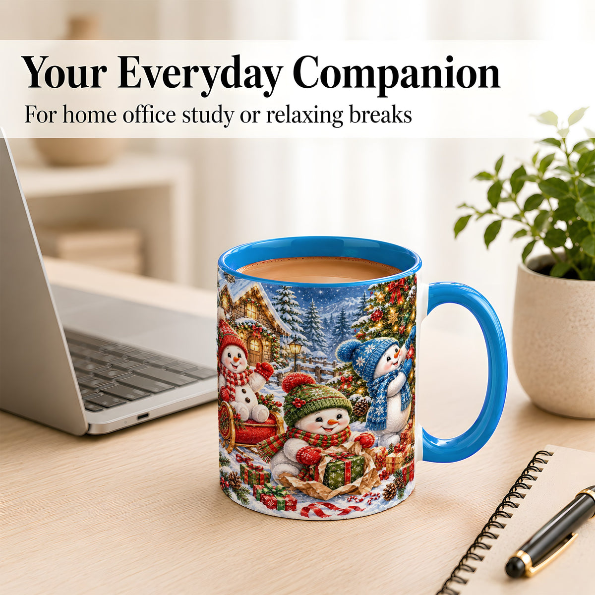 #pl[11oz|Blue] Snowman Trio Coffee Mug, Christmas Snowman Mug, Ceramic Cup