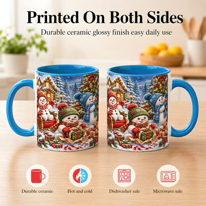 #pl[11oz|Blue] Snowman Trio Coffee Mug, Christmas Snowman Mug, Ceramic Cup