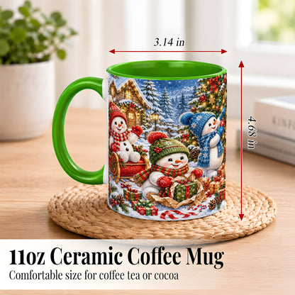 #pl[11oz|Green] Snowman Trio Coffee Mug, Christmas Snowman Mug, Ceramic Cup