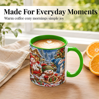 #pl[11oz|Green] Snowman Trio Coffee Mug, Christmas Snowman Mug, Ceramic Cup