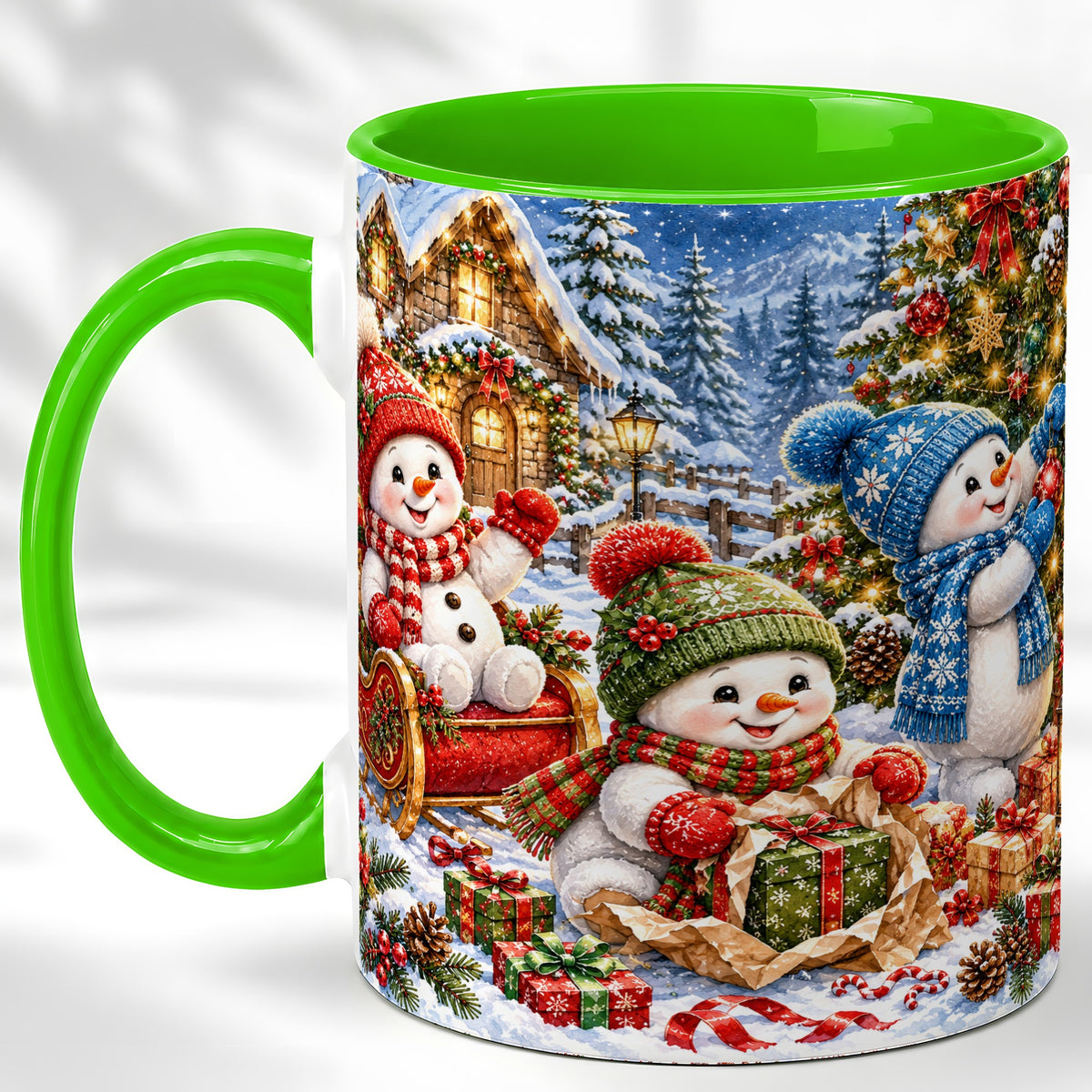 #pl[11oz|Green] Snowman Trio Coffee Mug, Christmas Snowman Mug, Ceramic Cup