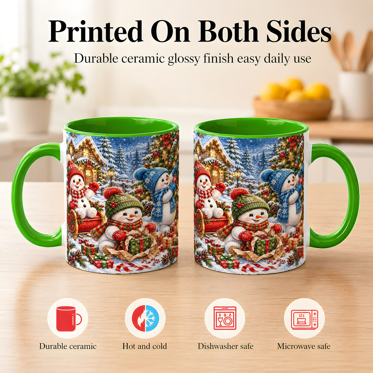 #pl[11oz|Green] Snowman Trio Coffee Mug, Christmas Snowman Mug, Ceramic Cup