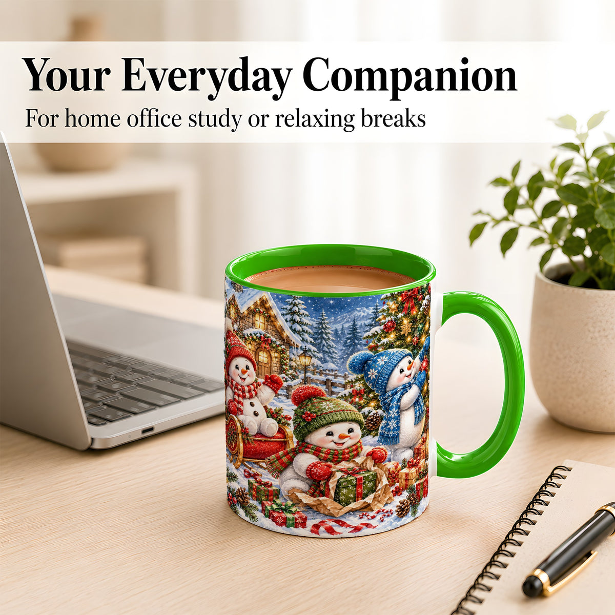 #pl[11oz|Green] Snowman Trio Coffee Mug, Christmas Snowman Mug, Ceramic Cup