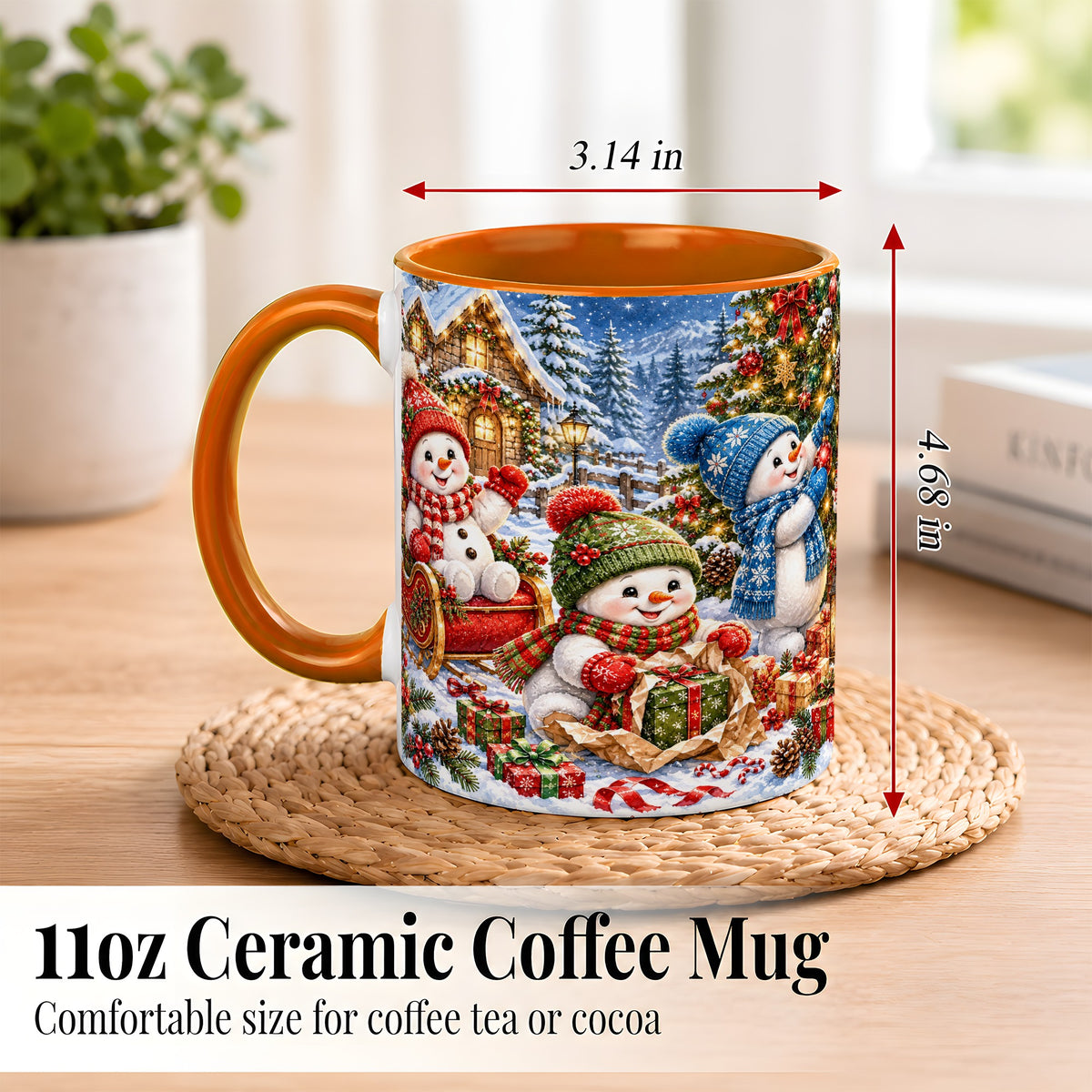 #pl[11oz|Orange] Snowman Trio Coffee Mug, Christmas Snowman Mug, Ceramic Cup