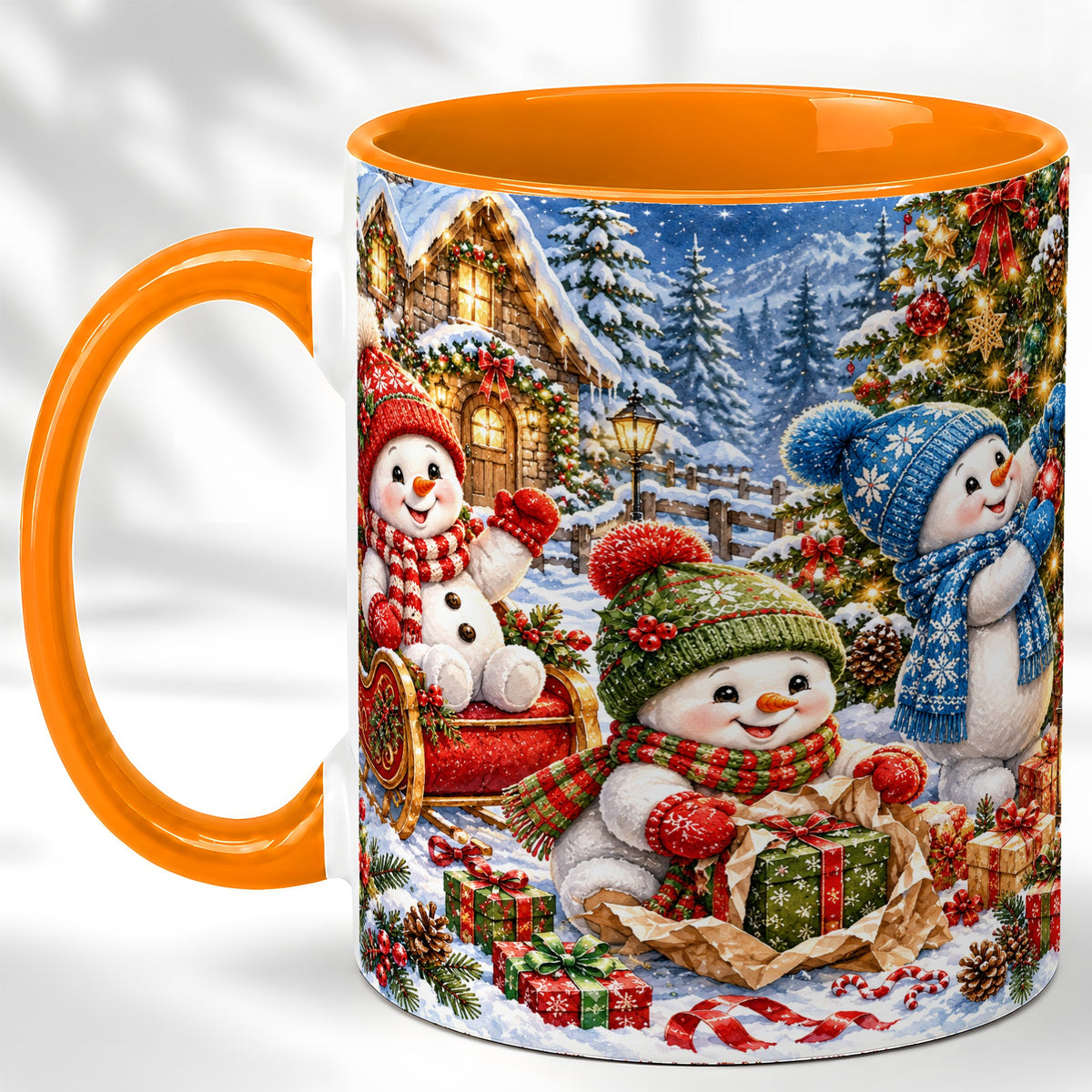 #pl[11oz|Orange] Snowman Trio Coffee Mug, Christmas Snowman Mug, Ceramic Cup