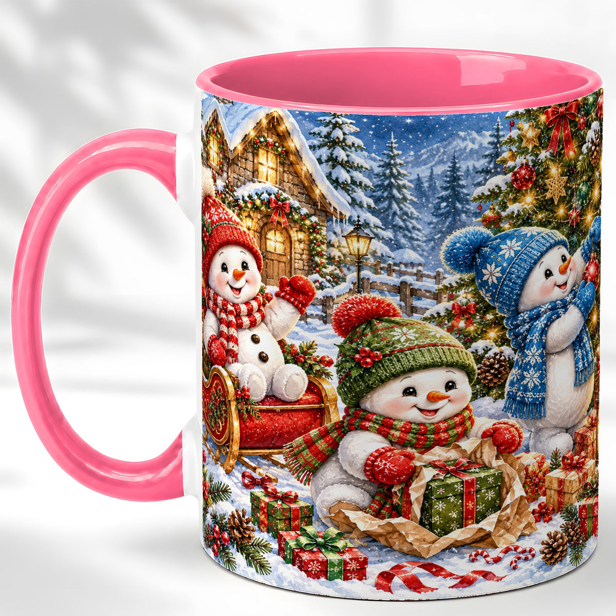 #pl[11oz|Pink] Snowman Trio Coffee Mug, Christmas Snowman Mug, Ceramic Cup