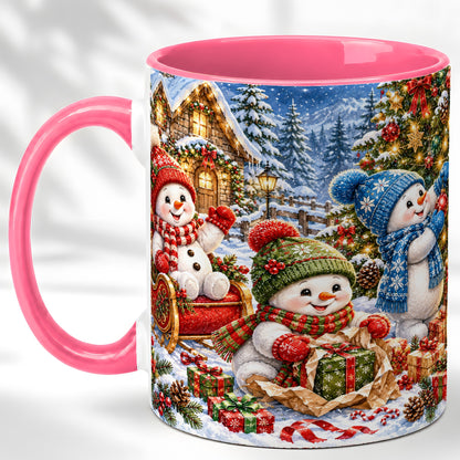 #pl[11oz|Pink] Snowman Trio Coffee Mug, Christmas Snowman Mug, Ceramic Cup