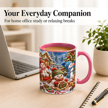 #pl[11oz|Pink] Snowman Trio Coffee Mug, Christmas Snowman Mug, Ceramic Cup