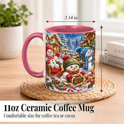 #pl[11oz|Pink] Snowman Trio Coffee Mug, Christmas Snowman Mug, Ceramic Cup